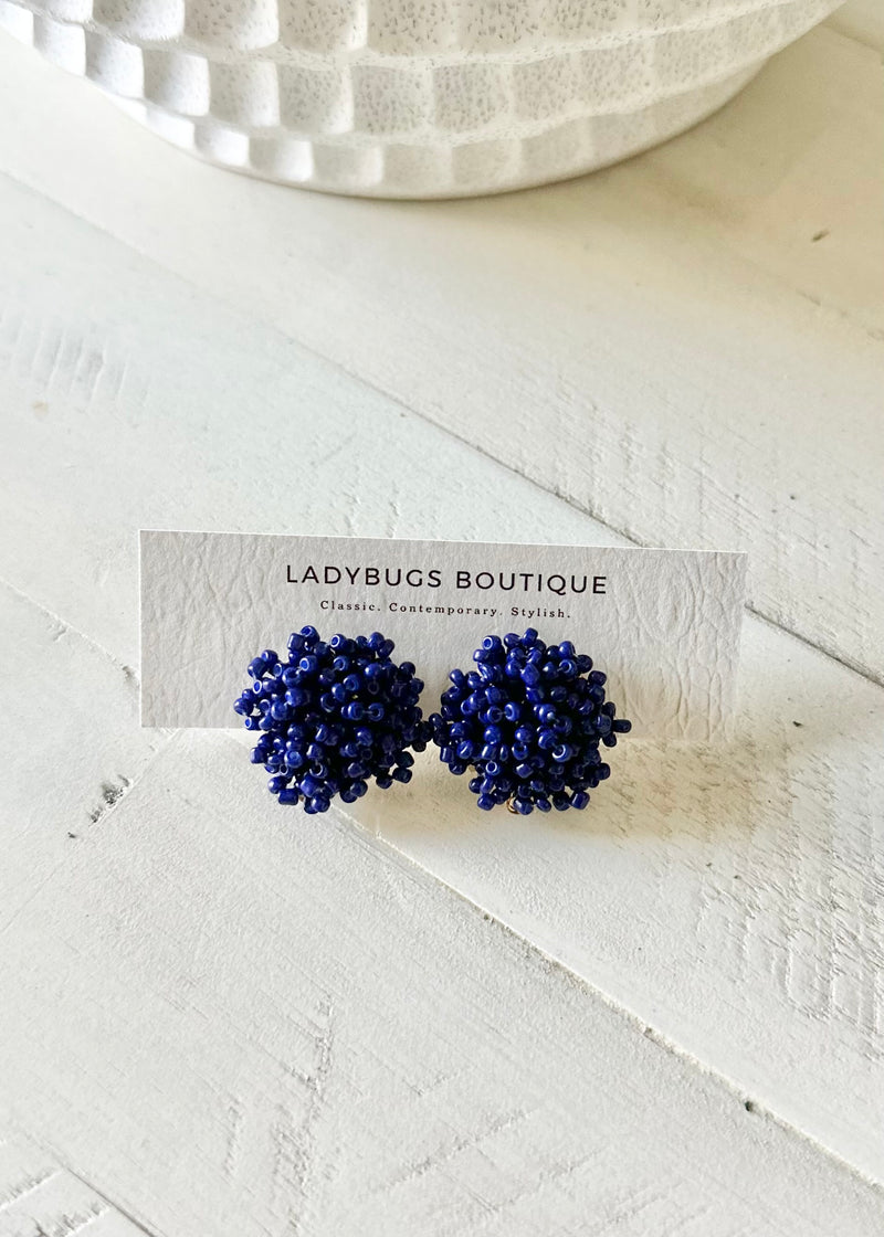 The Beaded Pom Pom Earrings (Navy)