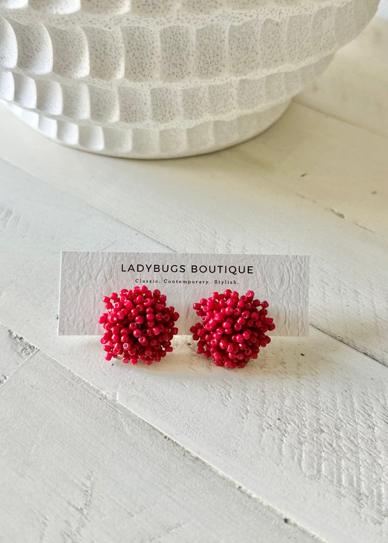 The Beaded Pom Pom Earrings (Red)